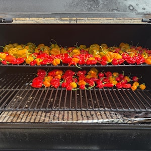 Pu&ograve; includere: Un affumicatore in metallo nero con due griglie interne contenenti una grande quantit&agrave; di peperoncini habanero freschi. I peperoncini, dalle vivaci tonalit&agrave; rosse, arancioni e gialle, sono disposti in file sulle griglie per l'affumicatura.