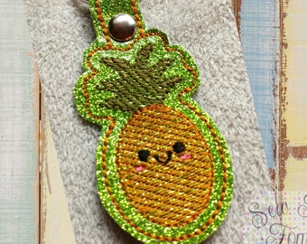 ITH Kawaii Pineapple Key Fob Design Machine Embroidery, Snap Tab Key Fob, Key Chain, In The Hoop Embroidery Design