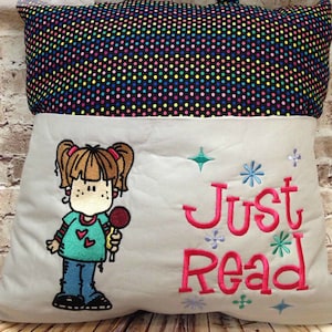 Just Read Lollipop Girl Embroidery Design, Reading Pillow Design, Pocket Pillow Design, 3 Sizes Included INSTANT DOWNLOAD