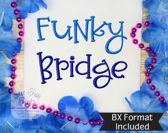 May include: A white fabric with blue and white embroidery that reads "Funky Bridge". The fabric is surrounded by blue and pink flower petals and beads.