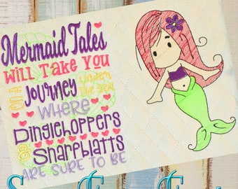 Mermaid Girl Embroidery Design, Reading Pillow Saying (INSTANT DOWNLOAD)
