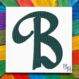 May include: A dark green embroidered letter B in a cursive font. The letter is on a white background.