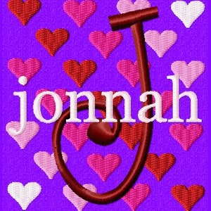 May include: A purple background with a red letter J in a cursive font. The letter J is surrounded by pink and red hearts. The word "jonnah" is written in white letters below the letter J.