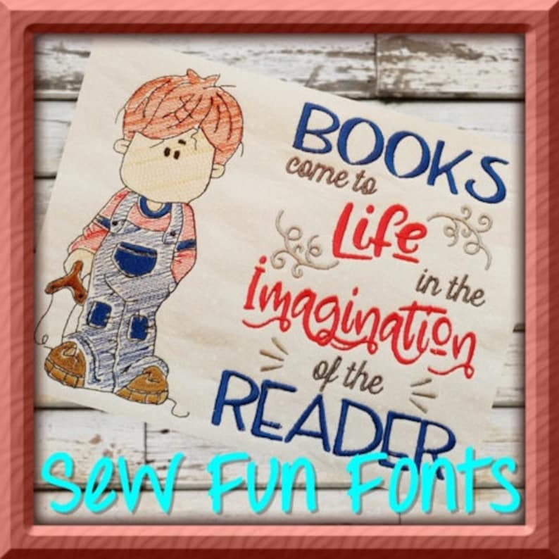 Books Come To Life With Boy, Wispy Filled Design, Reading Pillow Saying Pocket Pillow 5x7 & 7x11, Machine Embroidery Design INSTANT DOWNLOAD image 2