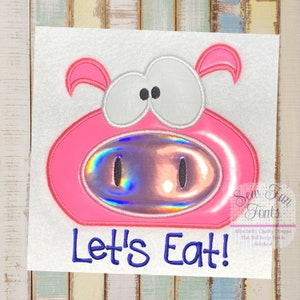 Applique ~ Let&#39;s Eat Funky Pig Machine Embroidery Design, 2 Sizes, READ LISTING BEFORE PURCHASiNG