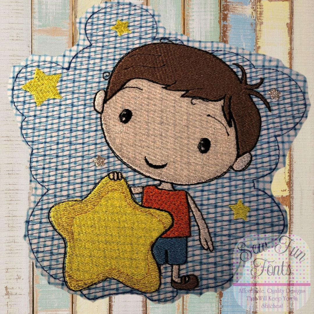 Little Boy Star Embroidery Design, Little Boy Holding Star Embroidery ...