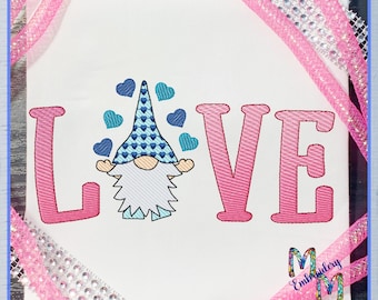 Valentine Gnome Love Embroidery Design - 6 Sizes Included, Machine Embroidery Designs, Valentine's Day Design