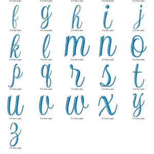 Puede incluir: Un alfabeto cursivo azul con cada letra mostrada individualmente. Las letras tienen 7,6 cm de alto y se muestran sobre un fondo blanco.