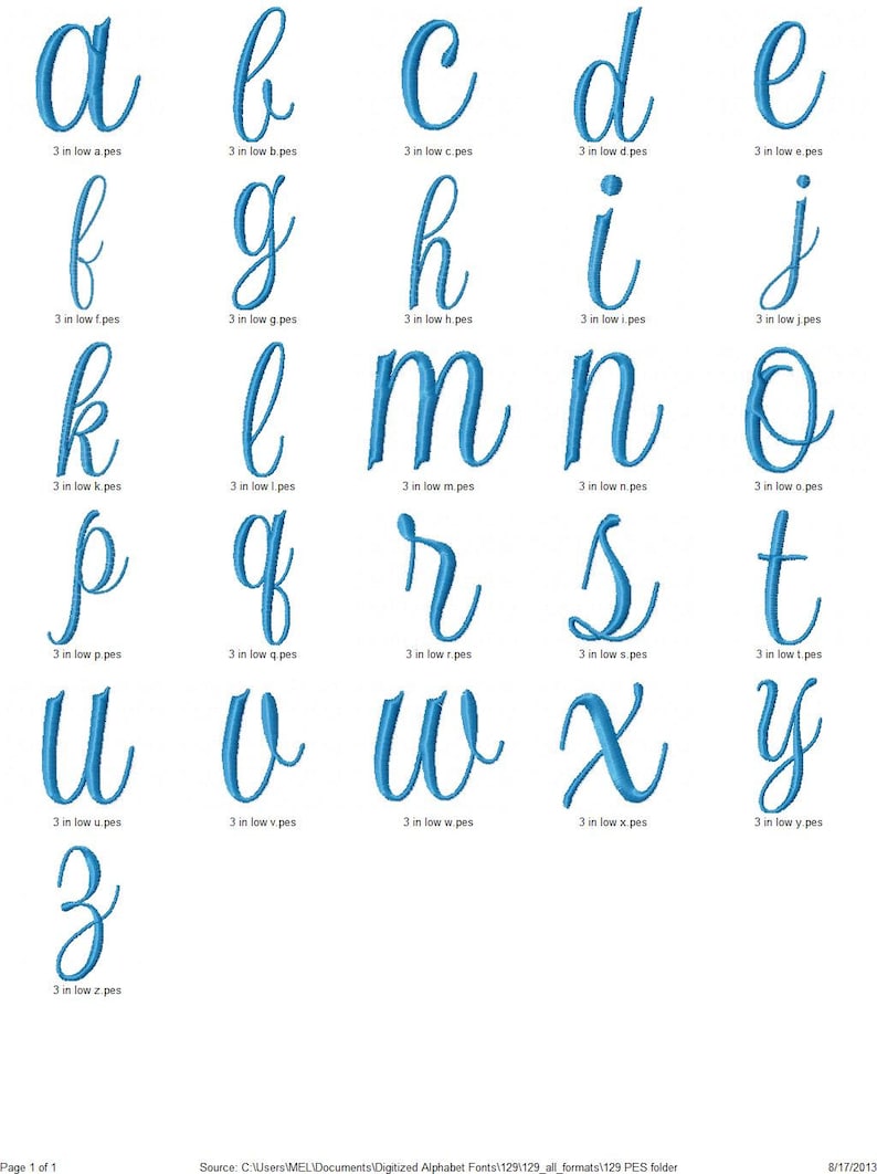 Puede incluir: Un alfabeto cursivo azul con cada letra mostrada individualmente. Las letras tienen 7,6 cm de alto y se muestran sobre un fondo blanco.