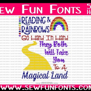 Reading And Rainbows Go Hand In Hand Reading Saying, Book Saying, Book Pillow Saying Subway Art Machine Embroidery Design INSTANT DOWNLOAD image 3