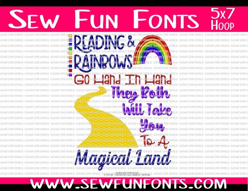 Reading And Rainbows Go Hand In Hand Reading Saying, Book Saying, Book Pillow Saying Subway Art Machine Embroidery Design INSTANT DOWNLOAD image 3