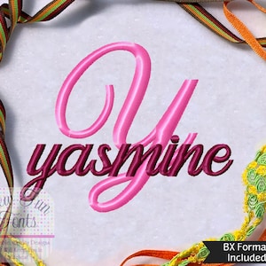 May include: Pink and burgundy embroidery design of the name "yasmine" with the text "Sew Fun Fonts" and "BX Format Included" in the bottom right corner.