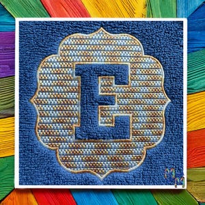 May include: A blue towel with a gold and white embroidered letter E in a decorative frame.