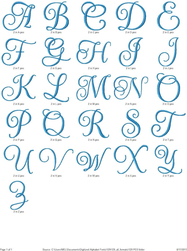 Puede incluir: Un conjunto de 26 letras bordadas azules en una fuente cursiva, cada letra mide 5 cm de alto y se muestra sobre un fondo blanco.