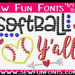 Softball Y&#39;all Filled and Applique Machine Embroidery Design, 4x4 5x7 Hoop, Pes, Hus, Exp, Jef, Dst, XXX, Sew , Exp Formats INSTANT DOWNLOAD