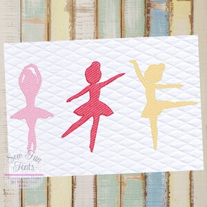 Pode incluir: Três silhuetas de bailarinas em rosa, vermelho e amarelo. As bailarinas estão em poses diferentes, uma em pé em uma perna e as outras duas em pé com os dois pés no chão. As silhuetas estão em um fundo branco.