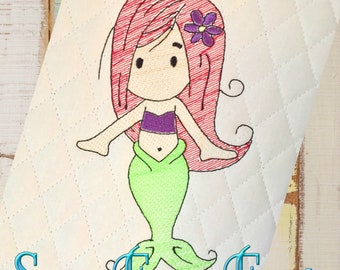 Mermaid Girl Sketch Embroidery Design, Pocket Pillow Design (Instant Download)