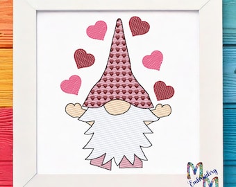 Sketch - Valentine Gnome Embroidery Design - 7 Sizes Included, Machine Embroidery Designs, Valentine's Day Design