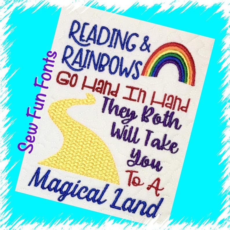 Reading And Rainbows Go Hand In Hand Reading Saying, Book Saying, Book Pillow Saying Subway Art Machine Embroidery Design INSTANT DOWNLOAD image 1
