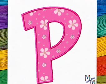 May include: Pink letter P with a white floral pattern. The letter is outlined in pink and has a white background.