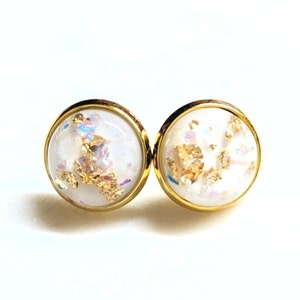 GOLD Leaf Studs - White Studs - Gold Speckled Earrings - Gold Studs - 12mm Studs - Gift for Her - Dome Studs - Glitter Earrings - White Opal