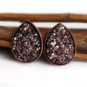 Rose Gold Teardrop Faux Druzy Stud Earrings | Geode | Faux Druzy | Silver | Rose Gold