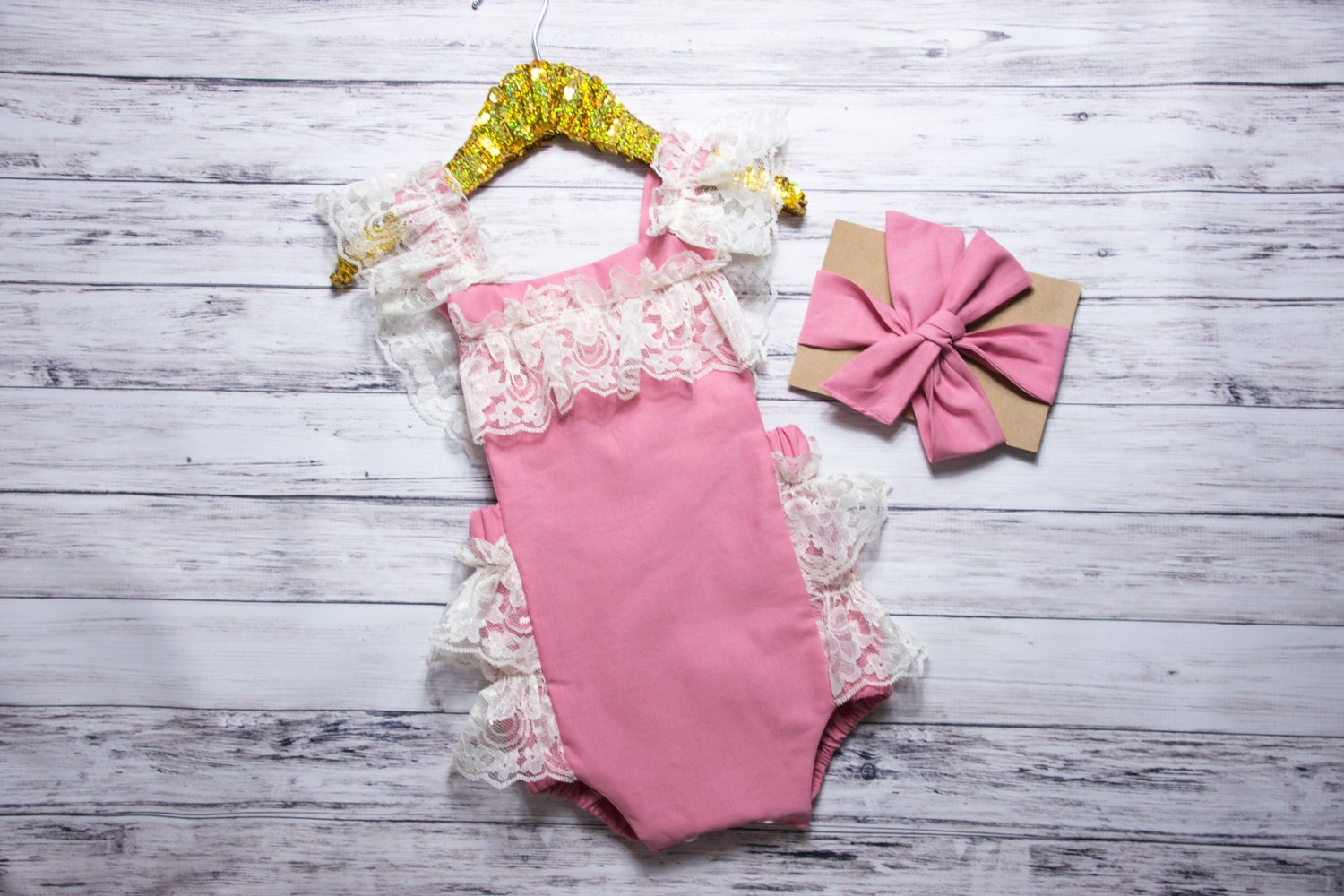 Pink and cream Lace Romper Baby Girl Romper vintage style Etsy