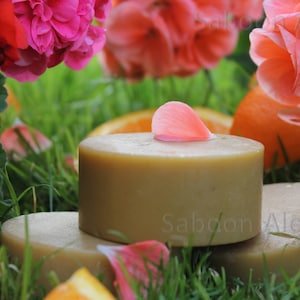 May include: Three round bars of natural soap, with a pink flower petal on top of the center bar. The soap is surrounded by green grass and orange slices.