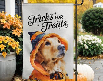 Tricks for Treats | Halloween Garden Flag with Golden Retriever