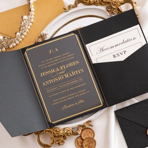 Modern Black and Gold Wedding Invitation Clear Acrylic in Pocketfold Envelope with Inserts and Wax Seal | Clear Wedding Invite