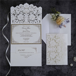 Laser Cut Wedding Invite / Ivory & Gold wedding invite / Wedding invitation / Laser Cut invite / Embossed Wedding Invite
