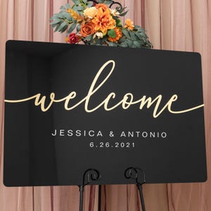Personalized Black Acrylic Wedding Welcome Sign, Gold Mirror 3D Lettering