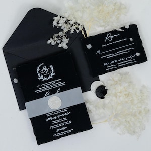Matte Black Deckle Edge Wedding invitation with vellum bellyband & wax seal in white writing | wedding invitation | Modern Wedding Invite