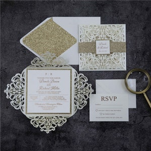 Ivory Lasercut with Rose Gold Foiling & Rose Gold Glitter Belly Band and Edging Detail with Glitter Envelope Liner