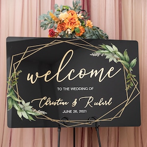 Geometric Foliage Wedding Welcome Sign, Gold Mirror Acrylic, Black Acrylic