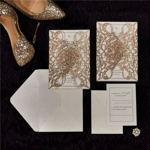 Rose Gold Glitter & White Delicate Lasercut Gatefold Wedding Invite