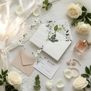 Floral Acrylic Wedding Invitation With Matching Inserts & Envelope Liner