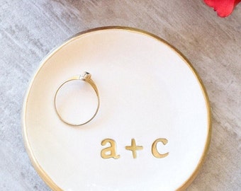 Custom Engagement Ring Dish Personalize Gift, Gold Letter Jewelry Holder, Engaged Couple Party Gift, Ceramic Pottery, Engraved Clay Bowl