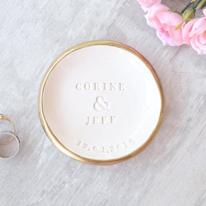 Names Engagement Ring Dish Engaged Date, Personalized Pottery Jewelry Holder, Ceramic Earrings Bowl, Engraved Clay Tray, Bridal Shower Gifts
