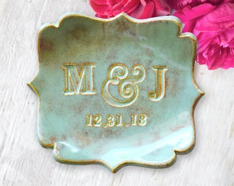 Custom Wedding Ring Tray Gold Monogram Plate Unique Personalize Couple Gift, 9th Anniversary Pottery Gifts, Rustic Green Dish Jewelry Holder