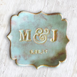 Custom Pottery Wedding Plate Personalized Couple Anniversary Gifts, Ceremony Ring Dish, Name Letter Jewelry Bowl, Gold Trim Green Clay Plate