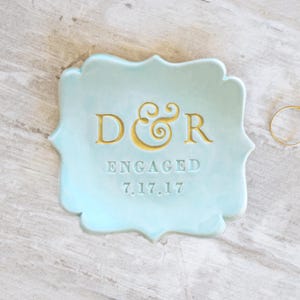 Customized Ring Holder Engagement Plate, Marine Blue Personalized Pottery, Pressed Initials Date Wedding Keepsake