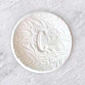 Custom Wedding Ring Dish Personalized Letter Jewelry Holder Gold Trim Ceramic Bowl, Pressed Clay Engraved Lace Texture, Handcrafted Pottery