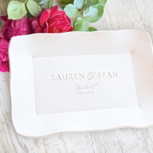 personalize platter white gloss handmade ceramics square serving tray with wavy sides, hand stamped 1 or 2 names & date family keepsake, nordic white on white design hand stamped letters. memory wedding anniversary gift, retirement party centerpiece