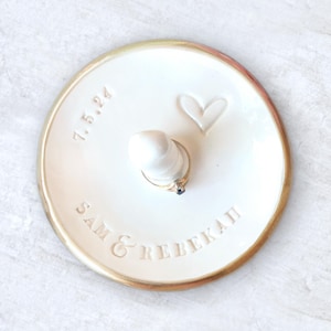Customized Engagement Ring Dish with Post, Personalized Rings Holder Name Plate, Gold Trim, Engaged Keepsake, Ceramic