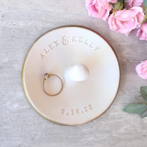 Personalized Ring Dish with Post, Custom Names Wedding Rings Holder Engagement Gift, Ceramic Jewelry Bowl
