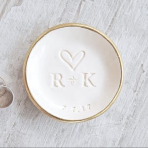 Custom Pottery Wedding Bowl, Personalized 9th Anniversary Gifts, Married Couple Ring Dish Monogram Plate
