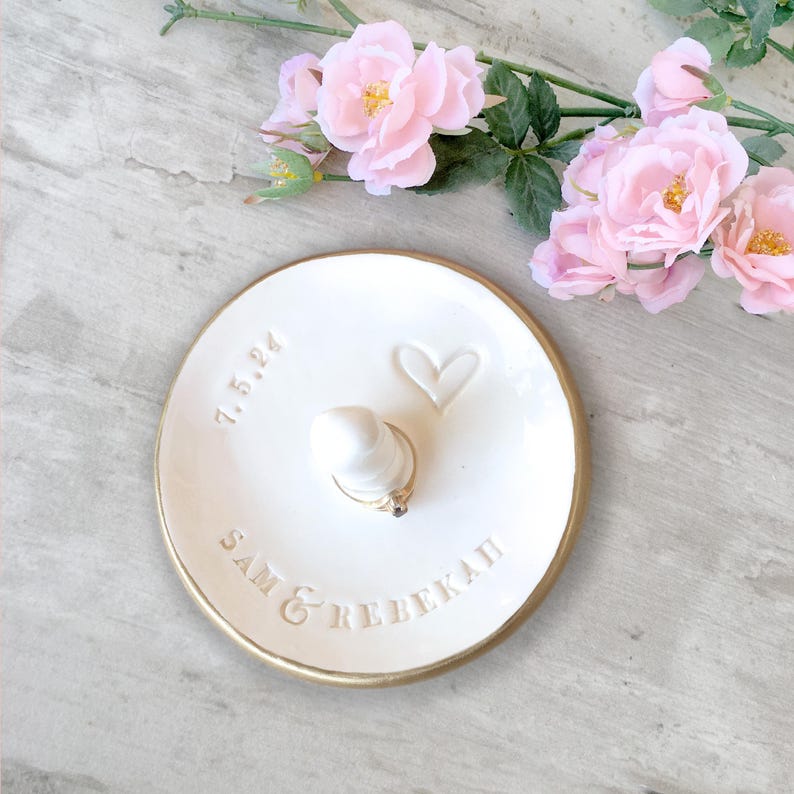 Customized Engagement Ring Dish with Post, Personalized Jewelry Cone, Ceramic Rings Holder, Custom Engaged Gifts Gold Painted Proposal Bowl