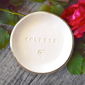 gold rim white bowl with engraved name and heart, personalize ring dish jewelry holder, custom engagement ring holder wedding keepsake, bridesmaid gift, daughter birthday gift, dorm room decor, office desk trinket tray, mens valet tray, earring plate