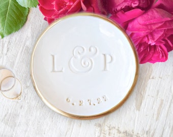 Custom Wedding Bowl Personalize Ring Dish Married Couples Gift, Pottery Anniversary Memory Plate, Ceramic Monogram Tray, Boho Jewelry Holder